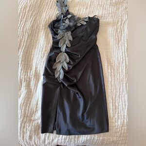 Faviana Black One-Shoulder Dress with Silver Leaf and Flower Prom/Party/Formal.